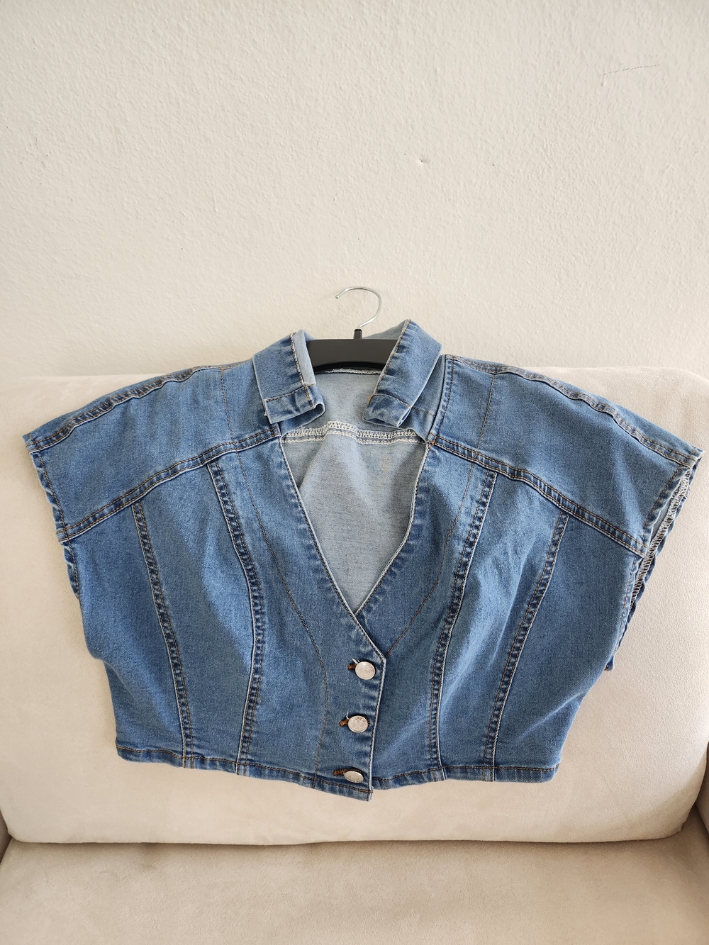 Denim Button-Front Cropped Top - Blue
